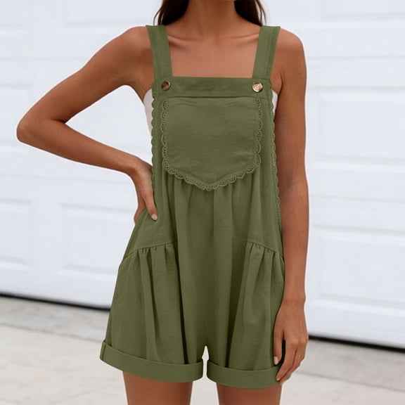 Karight Womens Casual Green Overall Shorts Lace Trim Button Decor Loose Fit Bib Overalls with Pockets Summer Romper