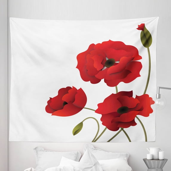 Floral Tapestry, Poppy Flowers Petals with Buds Pastoral Purity Mother Earth Nature Design Print, Fabric Wall Hanging Decor for Bedroom Living Room Dorm, 5 Sizes, Red and Green, by Ambesonne