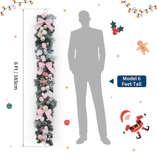 Guvpev 6FT Christmas Garland with Lights Holiday Accent Door Garland with Pink Bows Colorful Balls for Indoor Outdoor Gatherings Parties