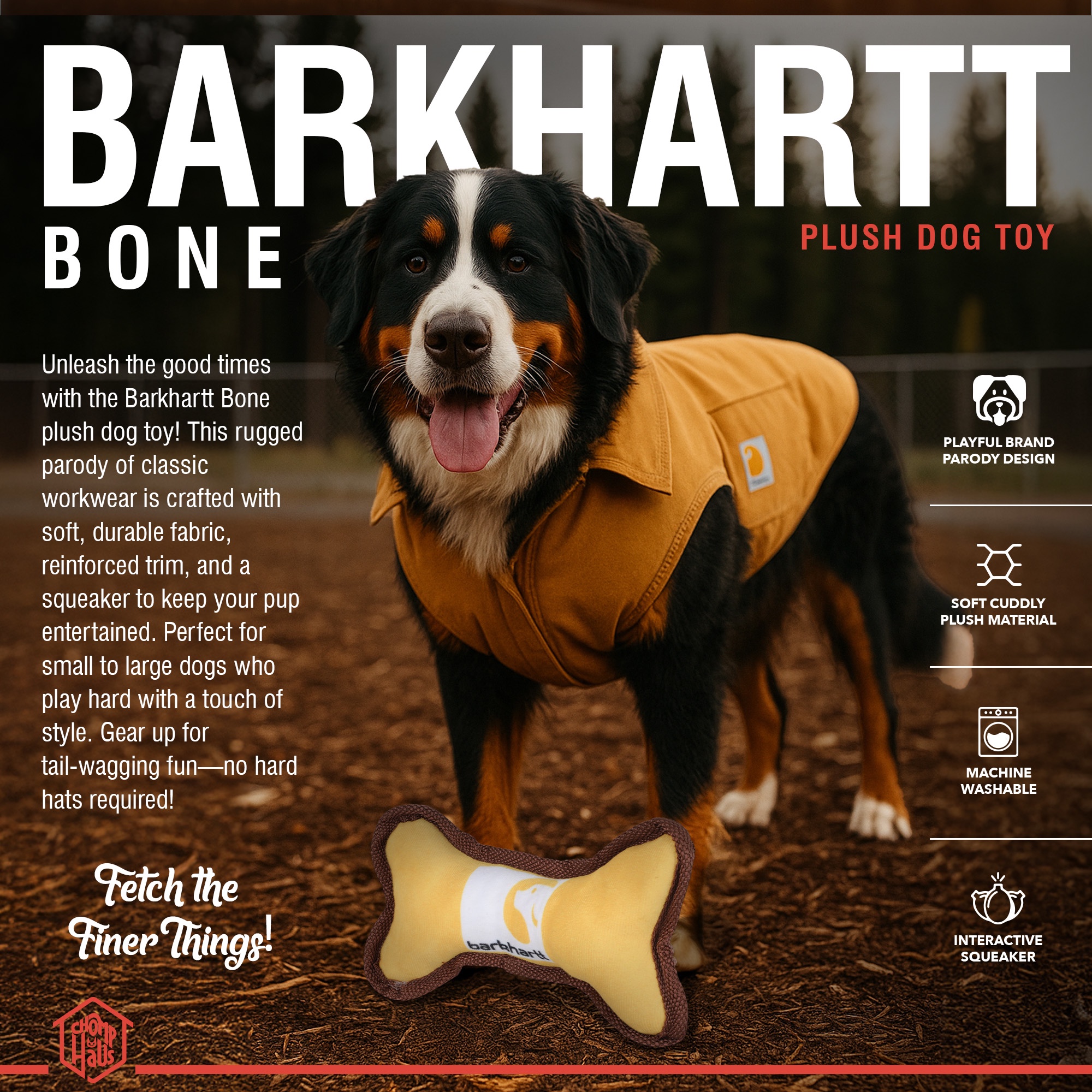 Chomp Haus Barkhartt Bone – Luxurious Plush Dog Toy with Squeaker, Premium Fabric, Embroidered Details, Designer-Inspired Chew Toy, Fun Gift for Medium to Large Dogs & Dog Lovers