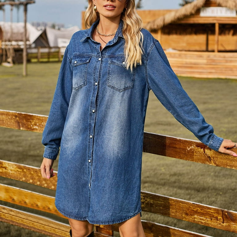 Denim Dress for Women 2023 Retro Long Sleeve Belted Button Denim Dress for Women 2023 Retro Long Sleeve Belted Button