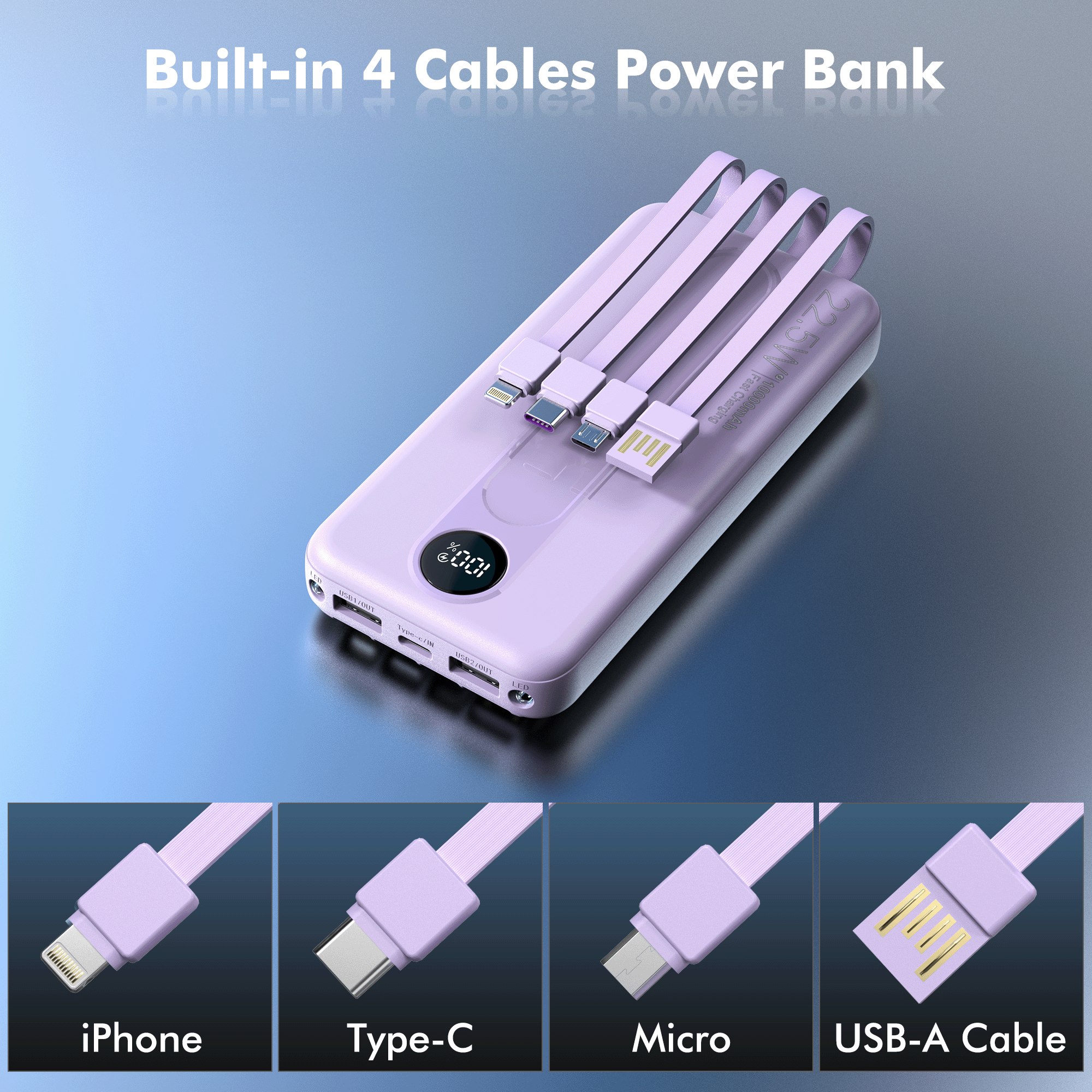 OWNTECH 10000mAh Power Bank, Built-in Cables, 22.5W, Purple photo 4