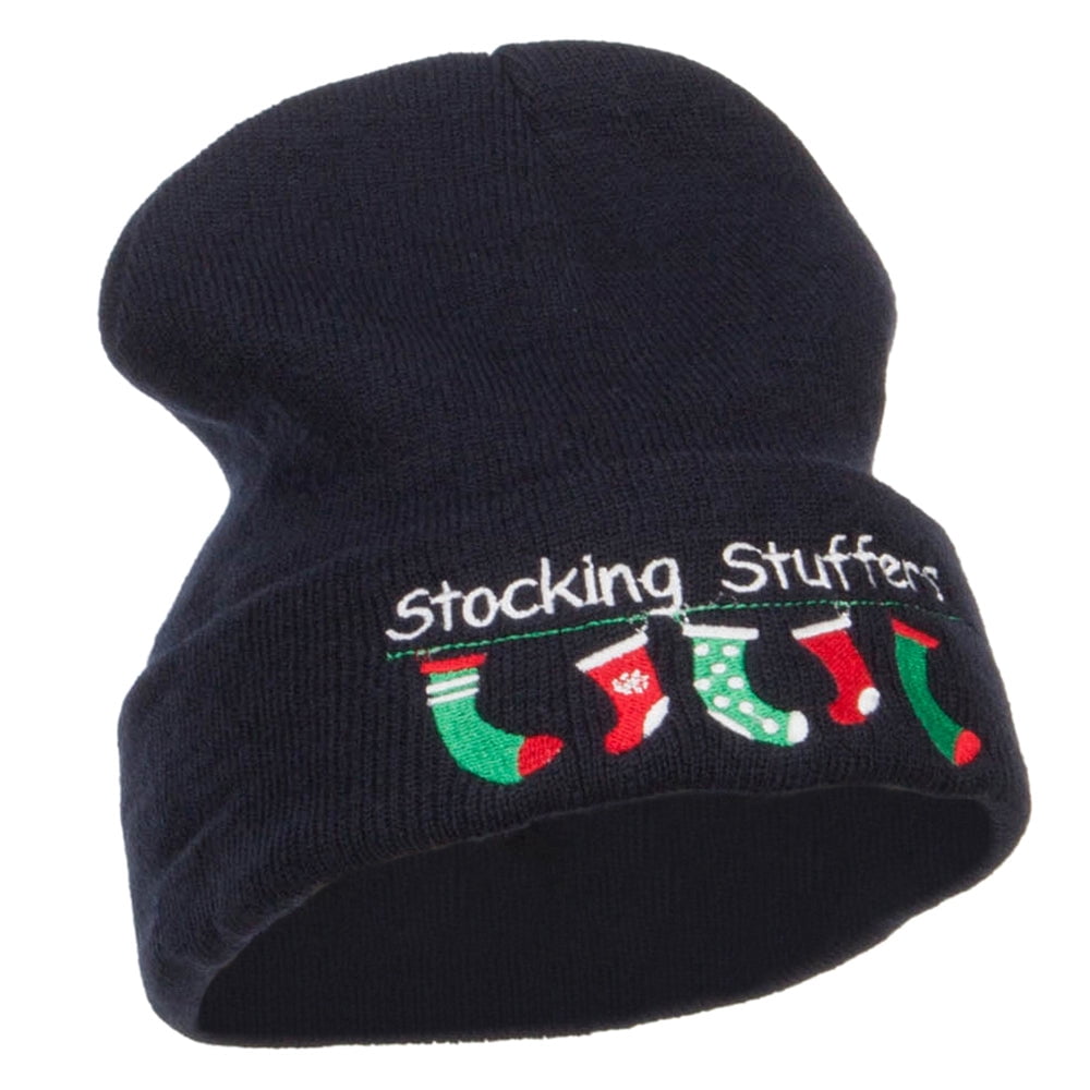 Christmas Stocking Stuffers Embroidered Long Beanie - Navy OSFM