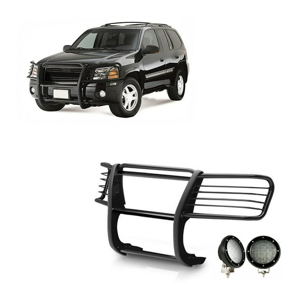 Black Horse Grille brush Bumper Guard Modular Black Come with Pair of 5.3" Dia.LED Lights with Black Trim Rings Compatible with 2002-2006 GMC Envoy|2002-2006 GMC Envoy XL-17GD26MA-PLFB