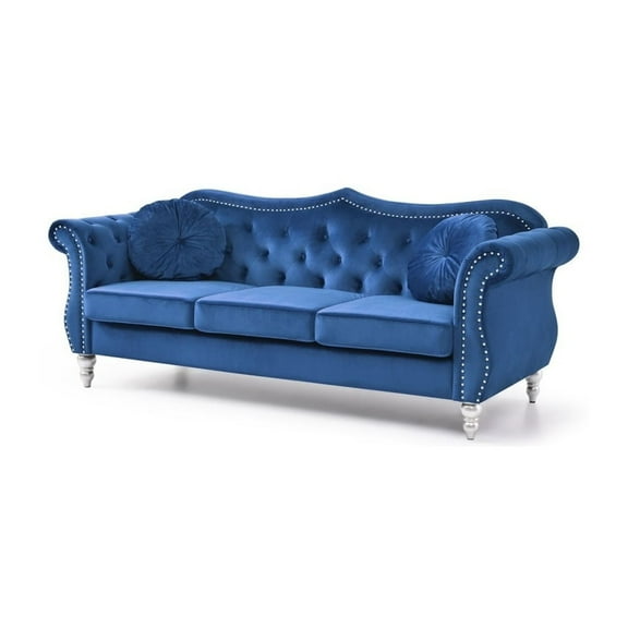 Navy Blue Velvet Sofa - 3 Seater with Pillows - Tufted Design & Nailhead Accents