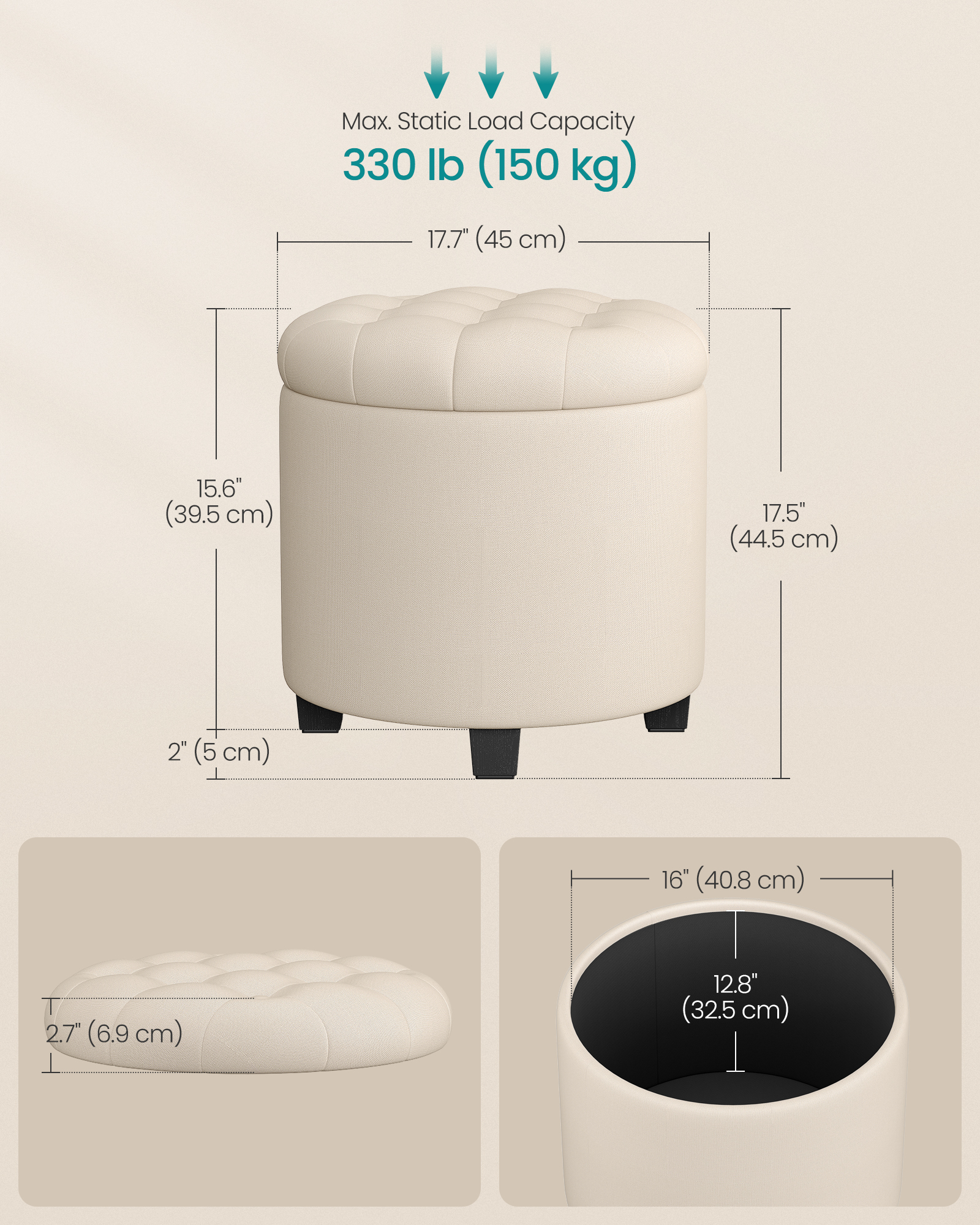 Round Storage Ottoman - 17.7" Foot Rest with Hidden Compartment, 330lb Capacity, Linen-Look Upholstery, Versatile for Living Room & Bedroom, Light Beige