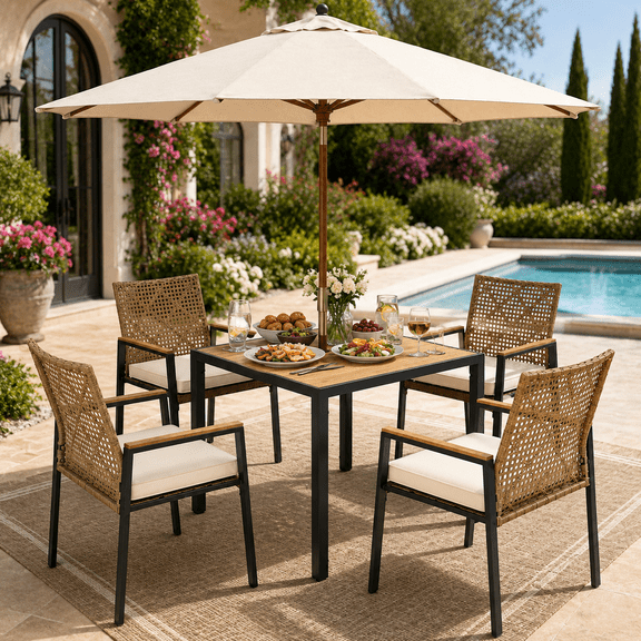 Seizeen 5-Piece Patio Dining Set, Outdoor Dining Table and Chairs with Acacia Wood Tabletop, Umbrella Hole, PE Rattan Armchairs with Beige Cushions, Patio Conversation Set for Garden, Backyard, Deck