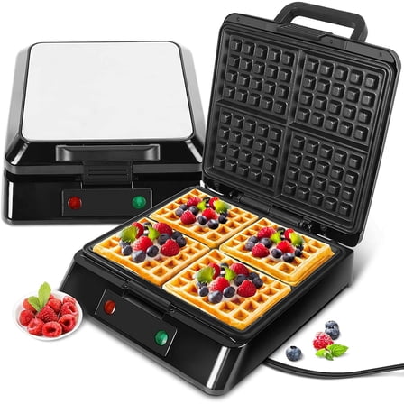 4-Slice Belgian Waffle Maker, Stainless Steel Electric Waffle Iron with Non-Stick Plates, 1300W for Quick & Easy Breakfast