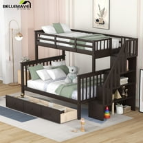Bellemave Twin Over Full Bunk Beds with Stairs, Wood Bunk Bed Frame with Storage Drawers and Open Shelves for Teens, Adults, Espresso