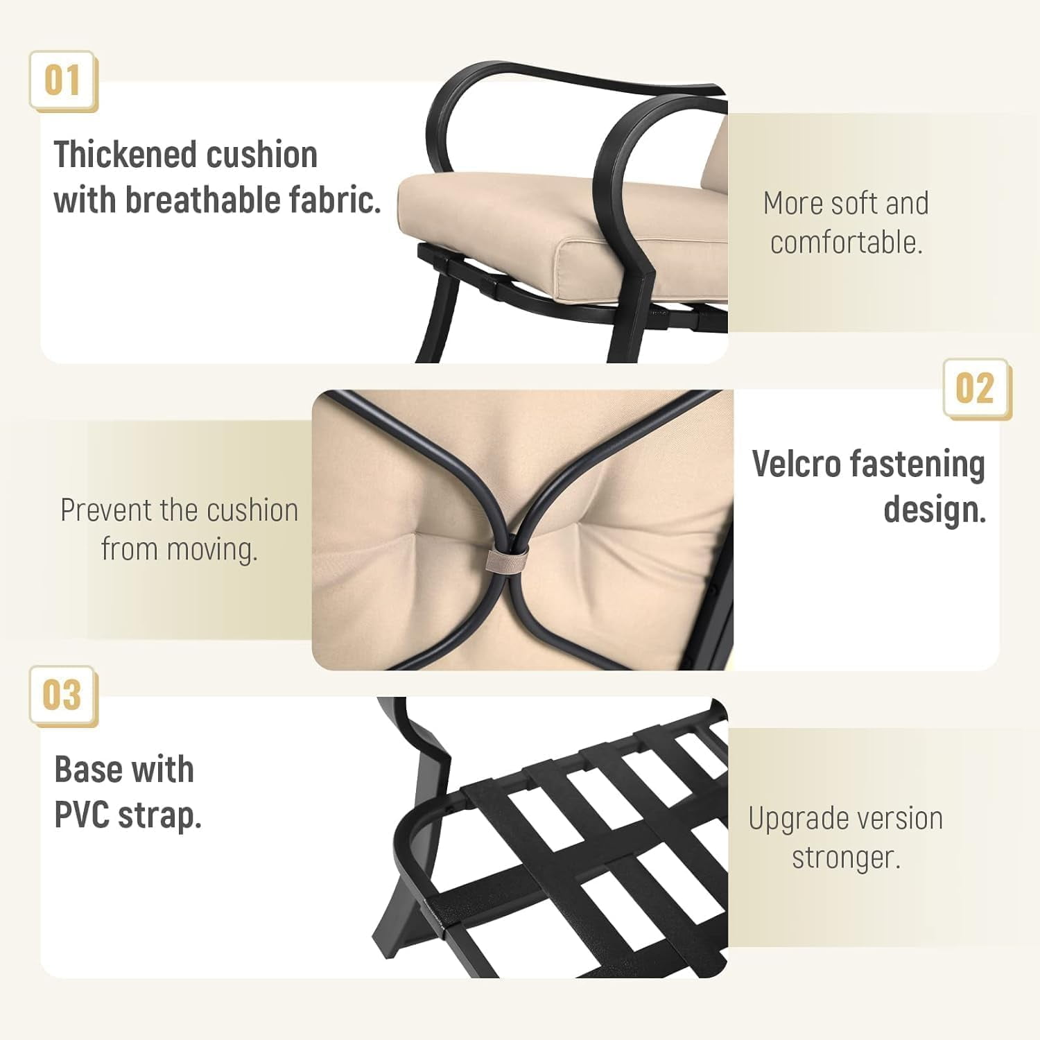 SUNCROWN 3-Piece Outdoor Patio Bistro Set Black Metal Rocking Chairs and Table with Brown Cushions