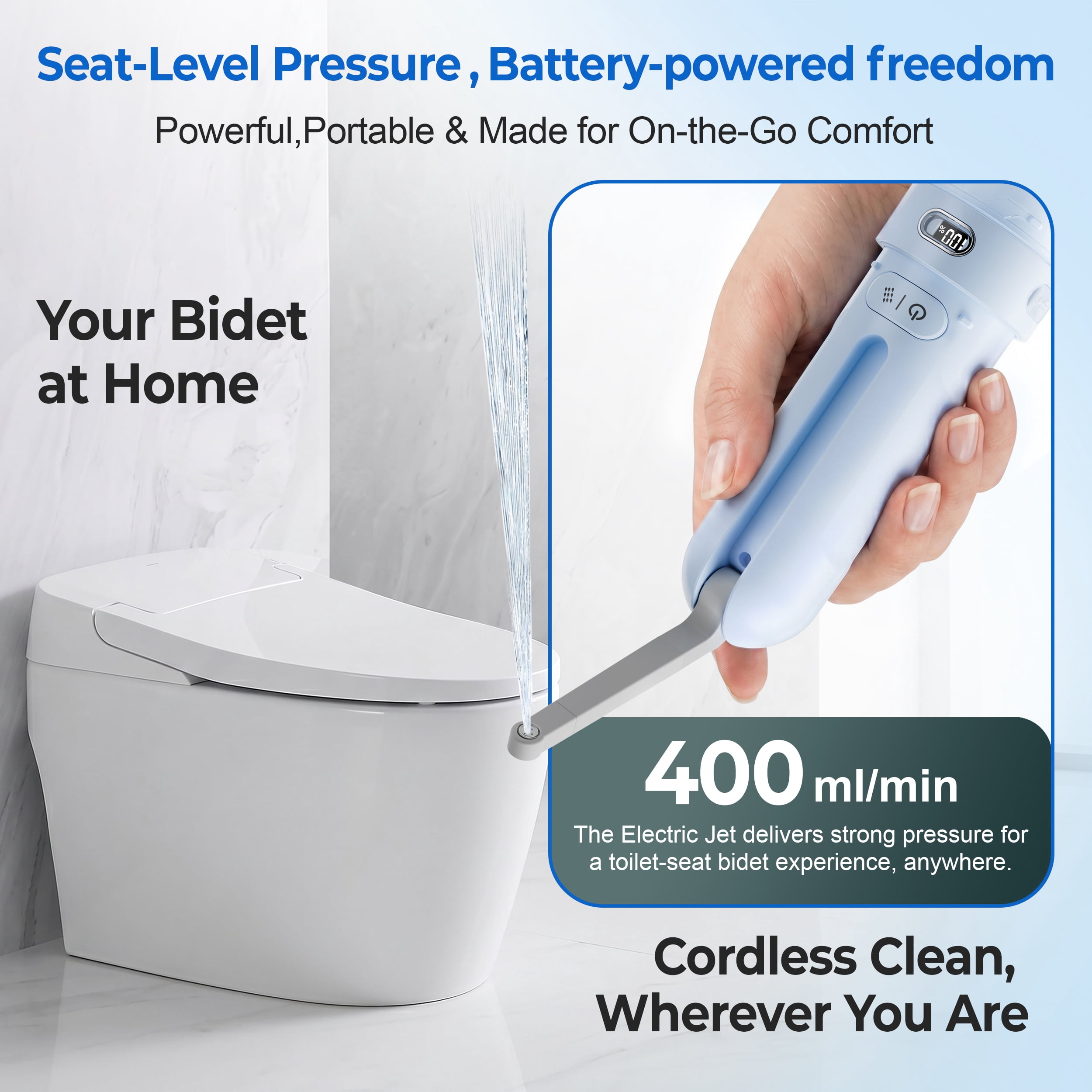 WeWi HLTH Electric Travel Bidet for Bathroom - Rechargeable Portable Bidet Sprayer with 3 Pressure for Ultimate Personal Hygiene Cleaning at Home and Camping, Blue