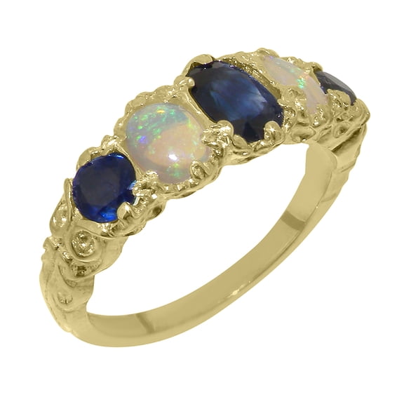 LBG British Made 9k Yellow Gold Natural Sapphire & Opal Womens Band Ring - 33 size options - Size 10