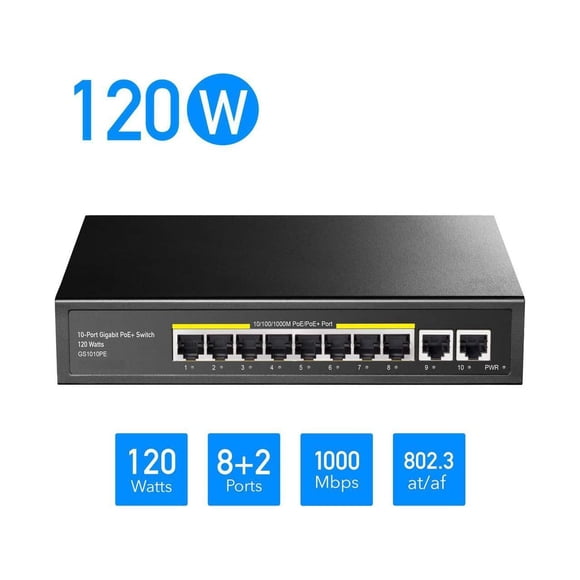 8 Port Gigabit PoE Switch, 120 Watts PoE Budget, 8 10/100/1000Mbps PoE+ Ports, 2 Gigabit Uplink Ports , 802.3at, 802.3af, 1/2 (+), 3/6 (-), Fanless