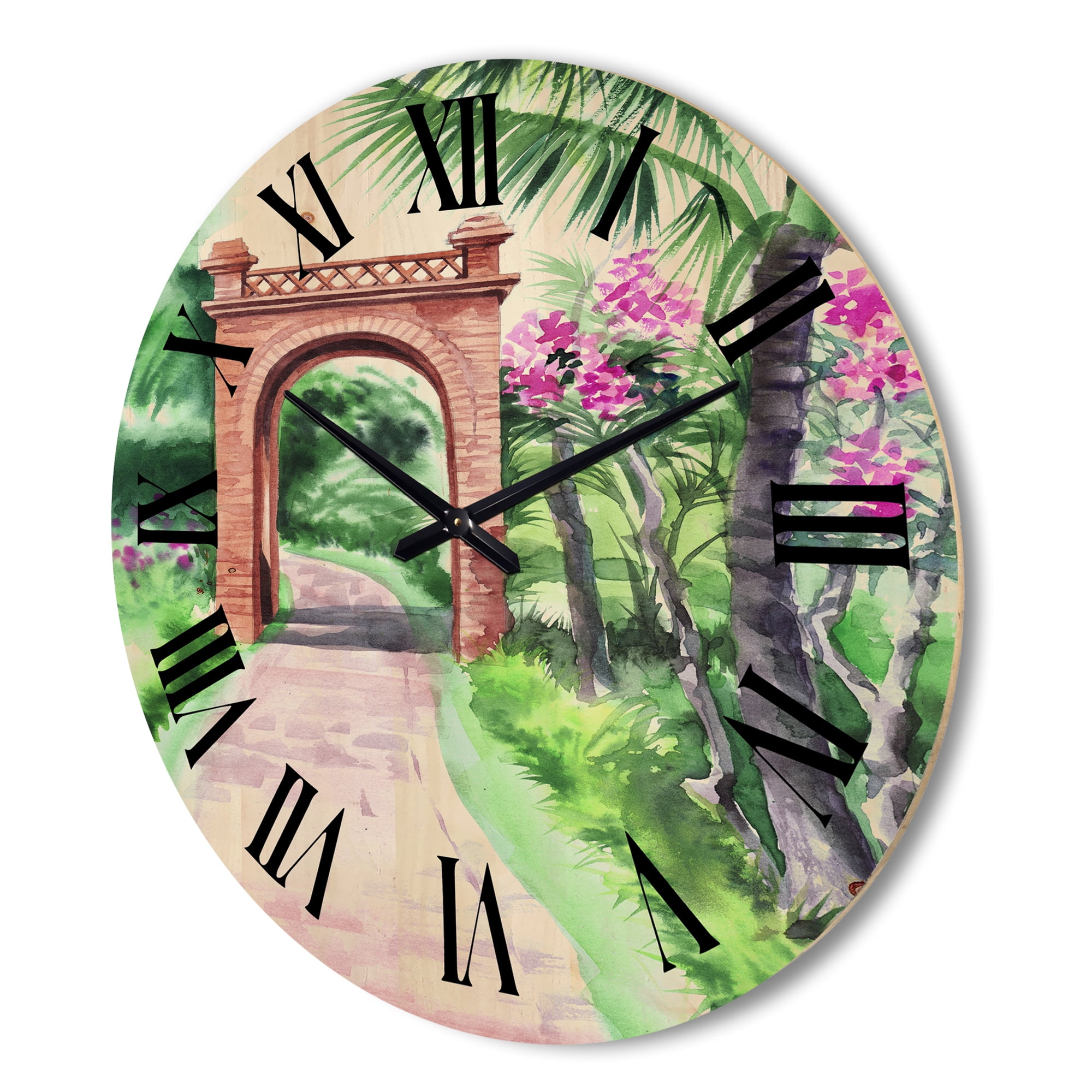 Designart 'Traditional Gate On Path In Tropical Oasis' Tropical Wood Wall Clock