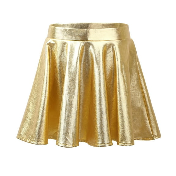 Kaerm Kids Girls Shiny Metallic Skirt Flared Pleated Holographic A-Line Mini Skater Skirts Gold 12