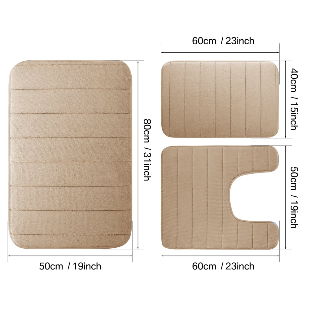 3 Piece Memory Foam Bath Mat Set with U-Shaped Toilet Mat Bathroom Rugs Soft Comfortable Water Absorption Bath Carpet Non-Slip Thick Machine Washable for Kitchen/Living Room(Beige)