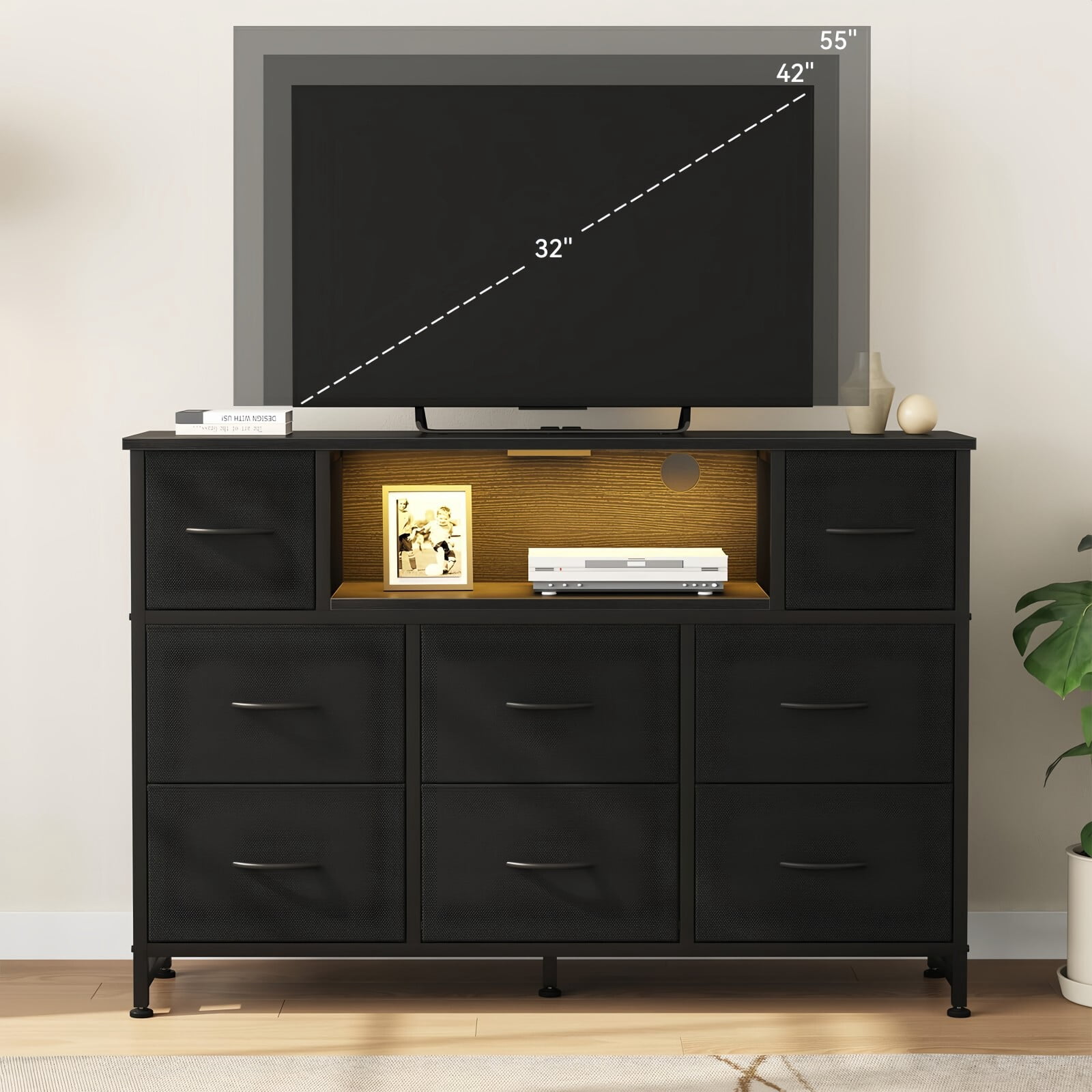 Kelno TV Stand Dresser with 8 Fabric Drawers Open Shelf LED Lights AC USB Charging Station, Black