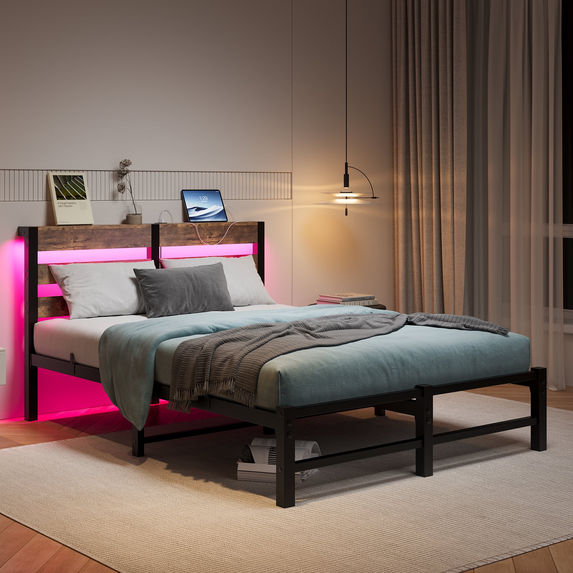MAYEERTY Brown Full Heavy Duty Bed: Headboard, USB Charging, LED Lighting, No Box Spring​