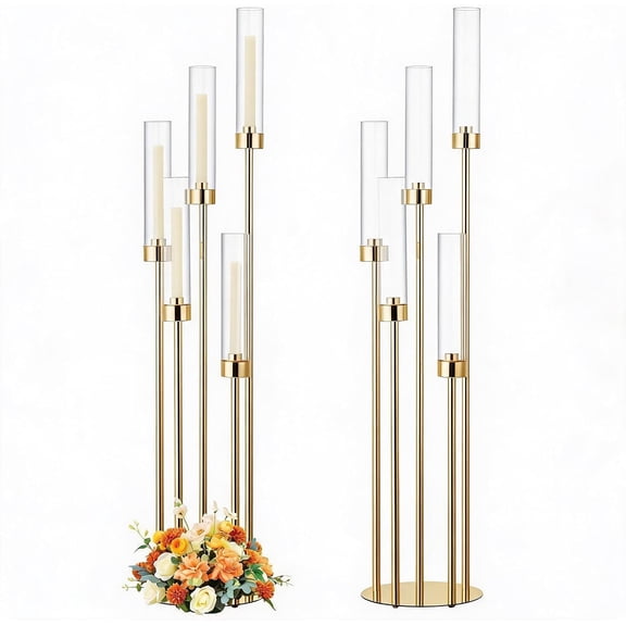 2 Pcs 42.5" Gold 5-Arm Floor Candelabra, Tall Metal Candle Holder with Acrylic Shades, Wedding Centerpiece for Tables, Party, Home, Christmas Decor, Fits 0.82" LED Candles