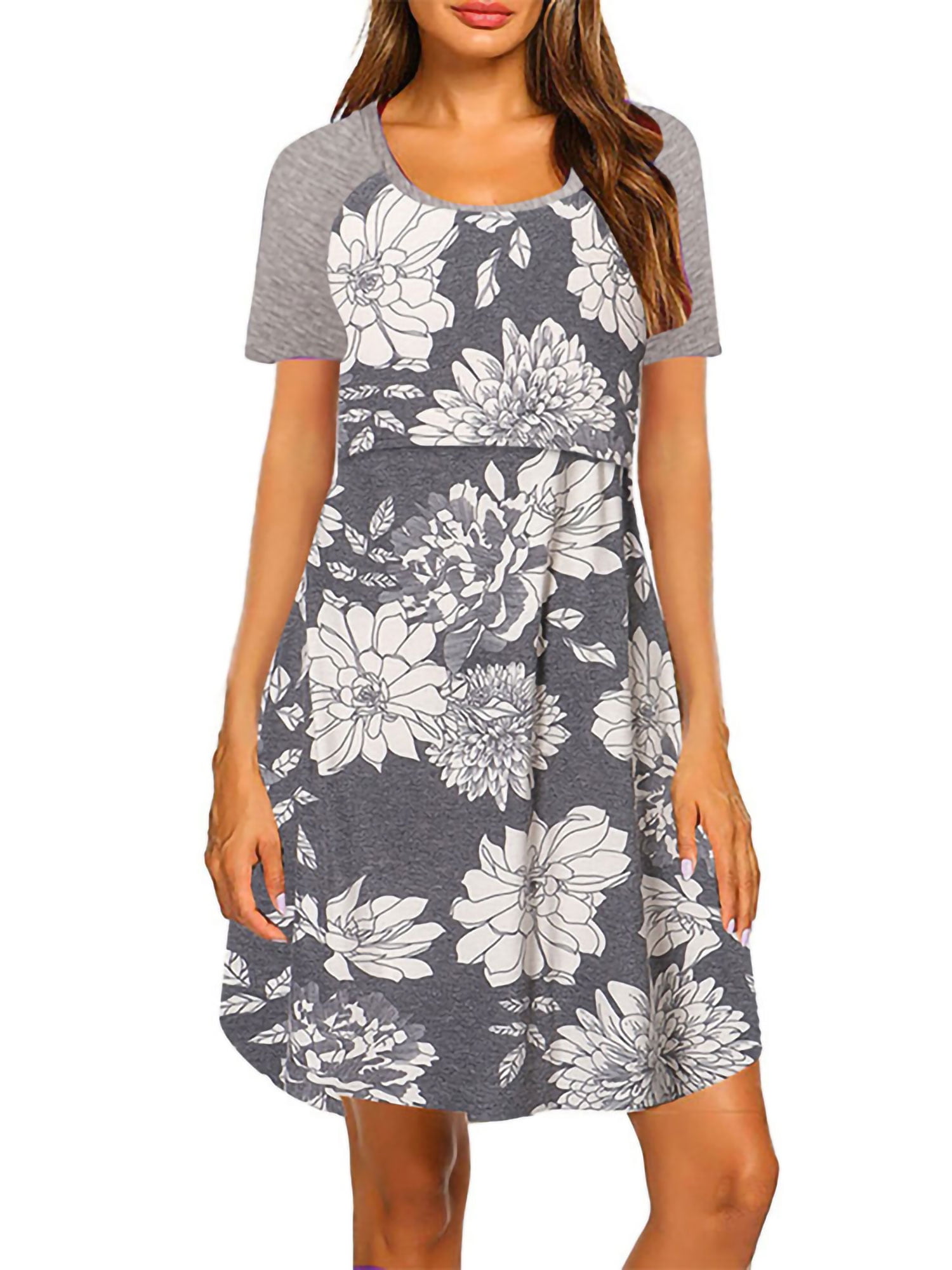 Avamo Maternity Women Dots Printed Pregnancy Dress Short Sleeve Crew Neck Nursing Breastfeeding