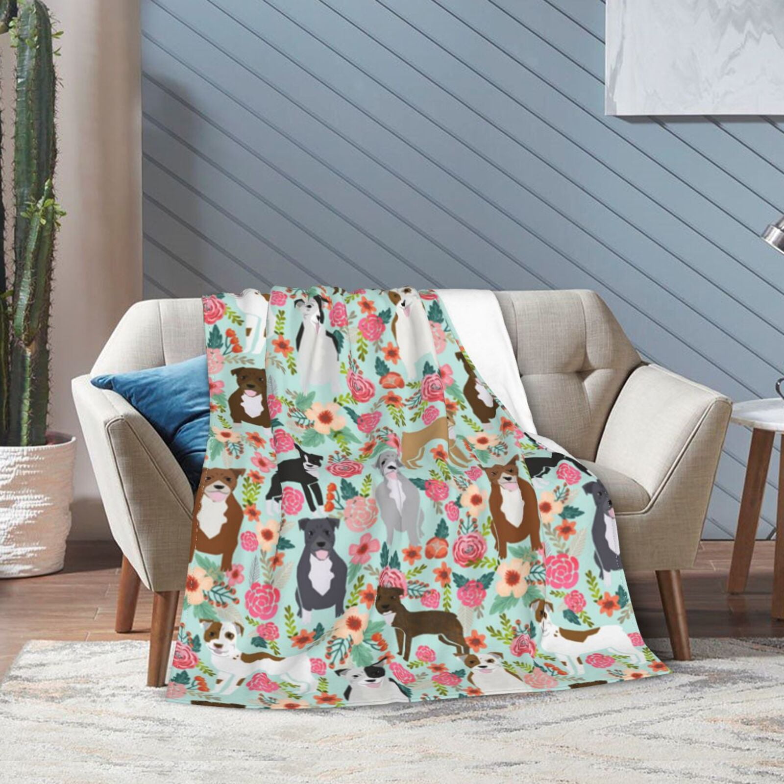 Wijzvio American Pit Bull Terrier Dogs Flower Floral Throw Blanket Soft Fuzzy Fleece Blanket For Couch Bed Living Room Decoration 60"X50"