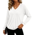 thumbnail image 4 of Qgtaibl V Neck Pullover Tops for Women Raglan Long Sleeve Solid Color Lounge Blouse Fall Loose Fit Stretchy Sweatshirts White XL, 4 of 9