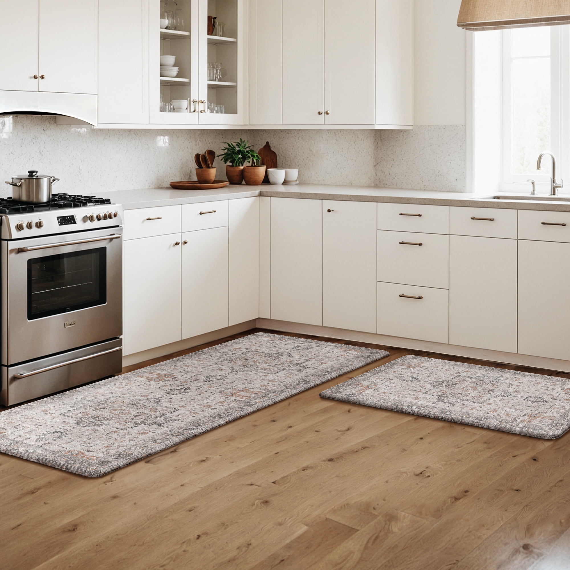 KUETH Kitchen Rug for Floor, Kitchen Mat Anti Fatigue, Non Slip Washable Kitchen Rug, Set of 2 Kitchen Mat 17"x47"+17"x30", Brown
