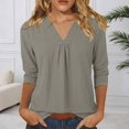 thumbnail image 2 of DHFJKG Womens V Neck T Shirt Loose Fit 3/4 Sleeve Solid Color Basic Tee Summer Breathable Linen Beach Vacation Clothes Comfy Tops, 2 of 5