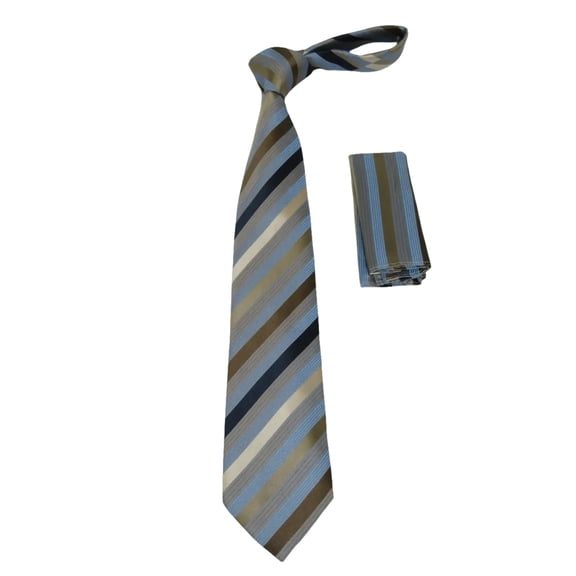 Men's Woven Tie Hankie Set J.Valintin Private Collection R89 Tan Blue Stripe