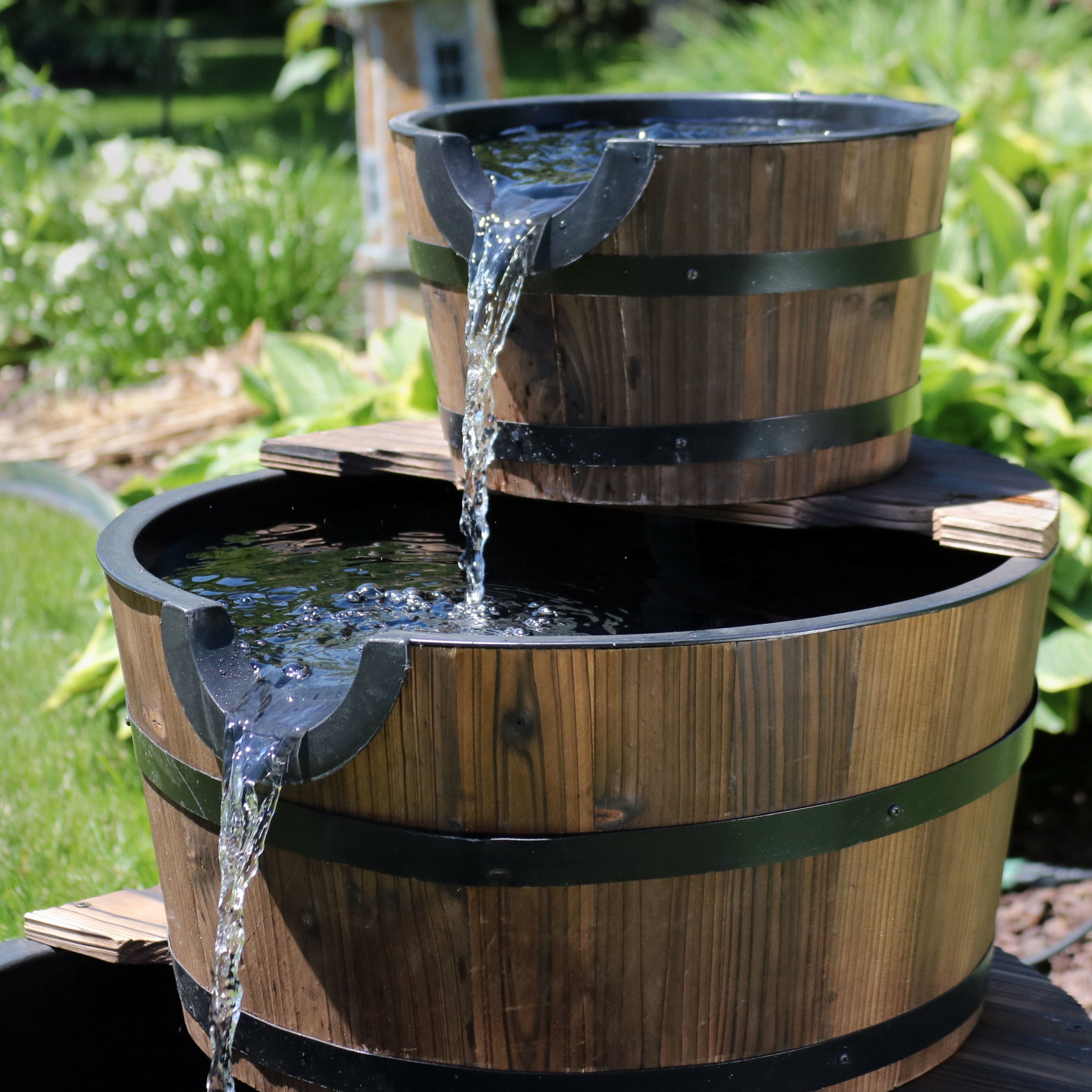 Sunnydaze Wood Barrel Brown 3-Tier Outdoor Water Fountain