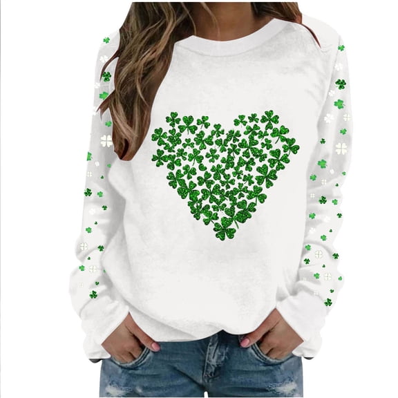 Felirenzacia St. Patrick Women’s Raglan Sweatshirt Shamrock Print Long Sleeve Pullover Tops Casual Holiday Shirt, White,S