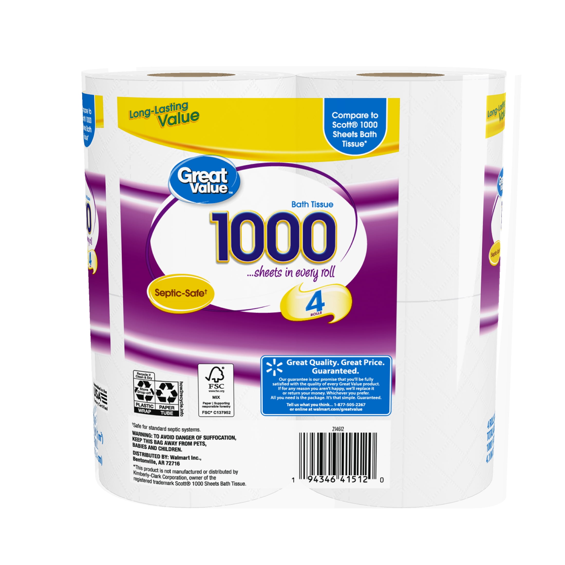 Great Value 1000 Sheets per Roll Toilet Paper, 4 Rolls