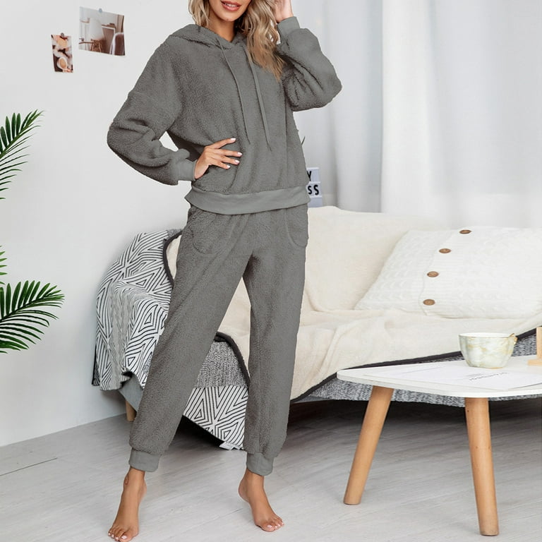 Womens Fuzzy Sherpa Fleece Pajamas Set Long Sleeve Hoodies Pajama Pants  Cozy 2 Piece Outfits Loungewear Sleepwear