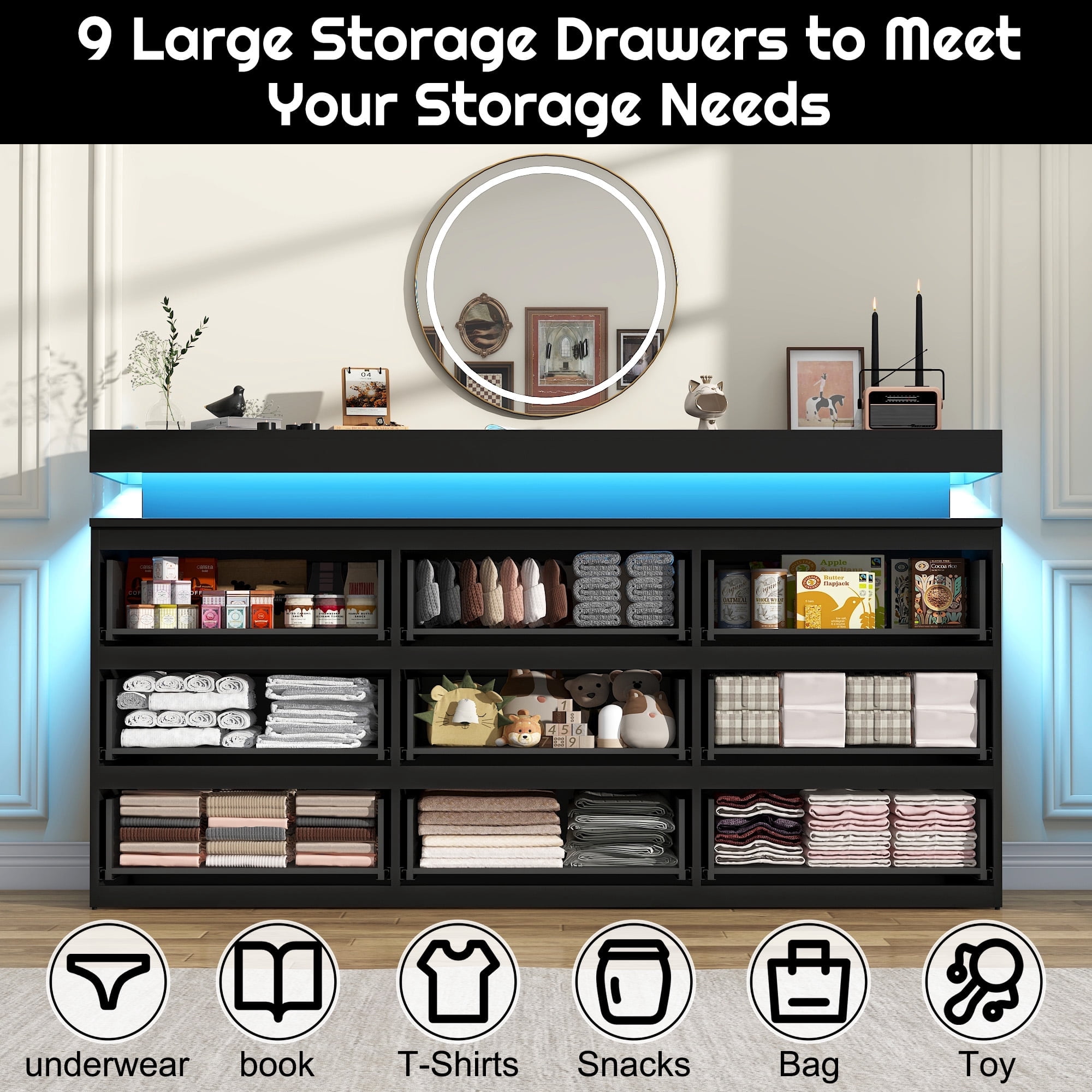 ChVans Black 9 Drawer Dresser with LED Lights, 63" Wide Modern Wood Chest of Drawers with Charging Station & Handle Free, LED Black Dresser for bedroom, Living Room, Entryway, Hallway
