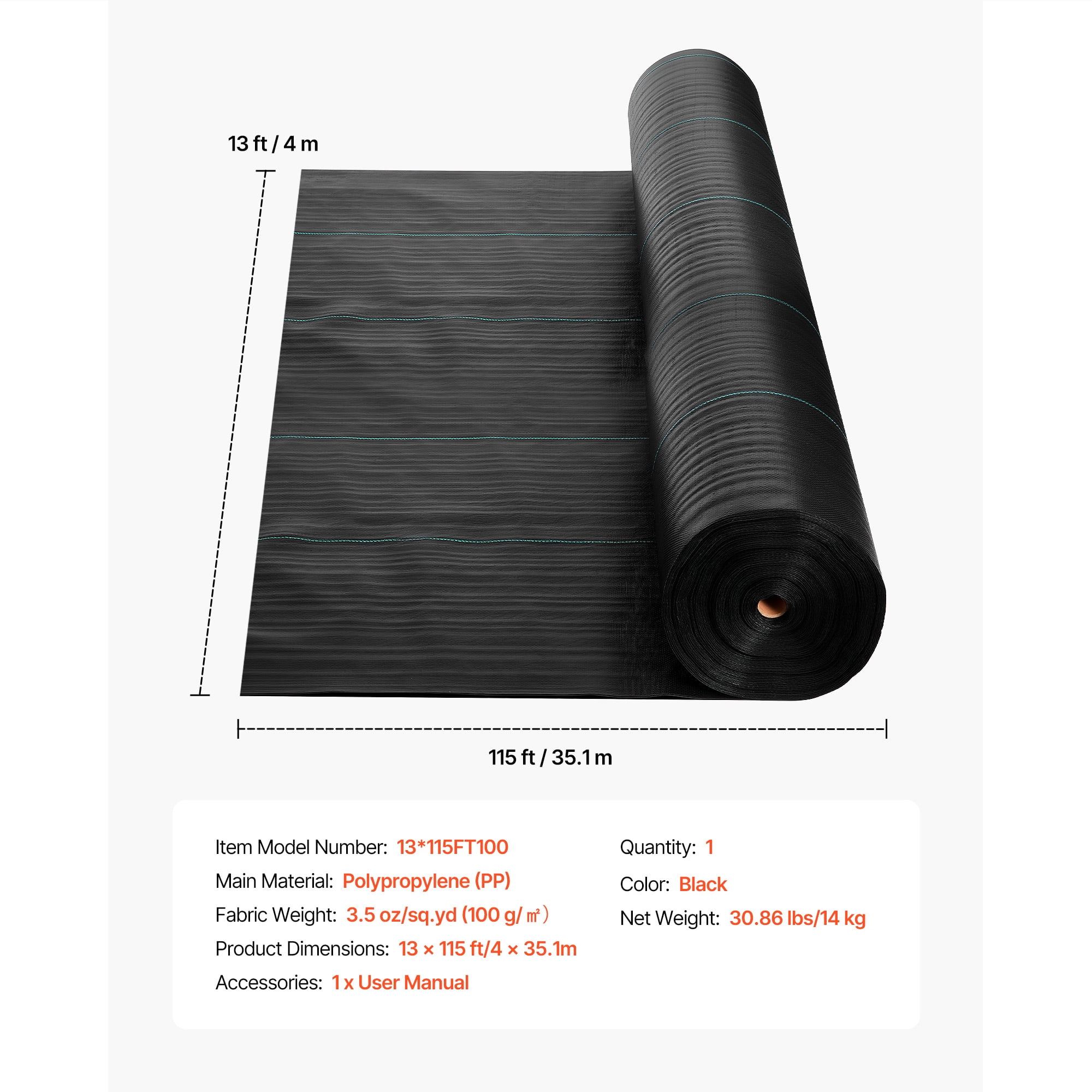 KFFKFF Durable Weed Barrier Fabric, 13x115FT 3.5oz Landscape Fabric, Woven Ground Cover for Weed Control, Garden Fabric for Landscaping, Geotextile Gardening Mat, Black