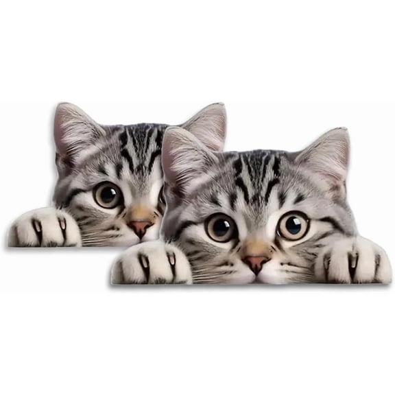 Adorable Peeking Gray Tabby Cat Sticker 2-Pack, Funny Expressive Eyes Pet Graphic Decal for Car Windows, Bumpers & Laptops (5" x 6")