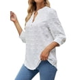 thumbnail image 4 of ZXSXSY Women Notch V Neck Swiss Dots 3/4 Sleeve Solid Color Scoop Hem Blouse, 4 of 7