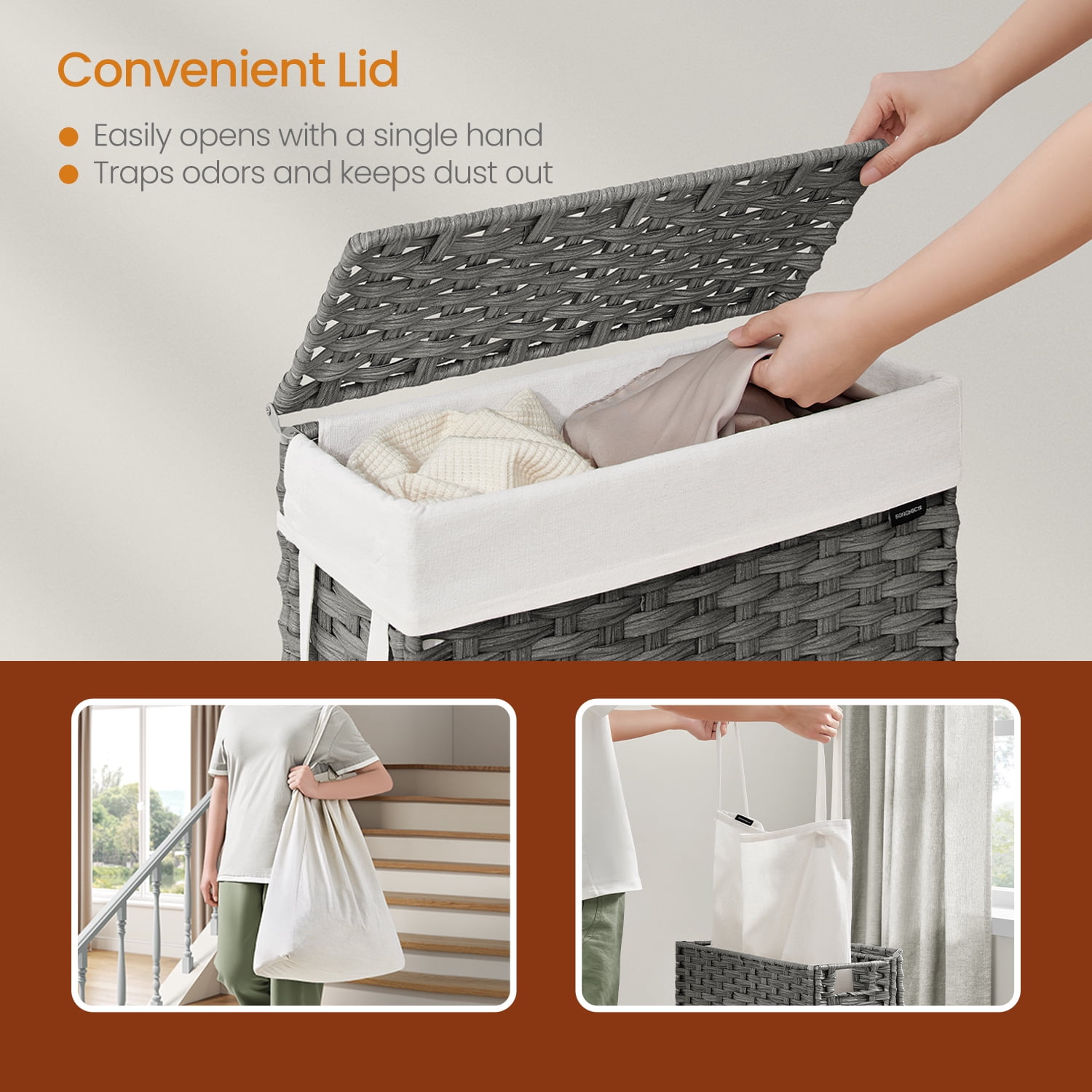 LEDREM 14.5-Gallon Slim Laundry Hamper with Lid, Rattan Clothes Basket with Removable Liner & Handles, Foldable, Space-Saving, Dove Gray