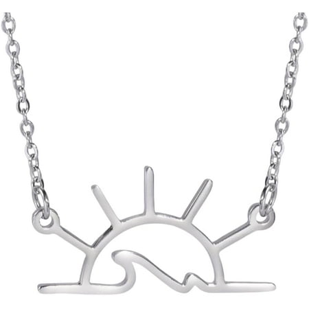Women's Premium Stainless Steel Premium Sun and Ocean Wave Outline Pendant Necklace, Minimalist Beach Themed Jewelry[v069]