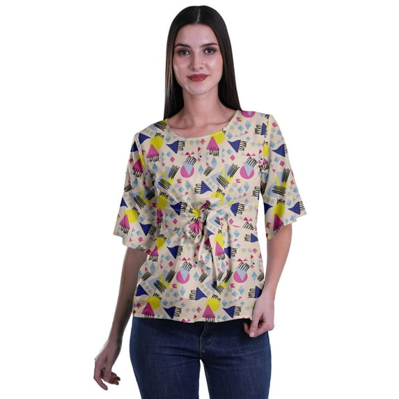 Moomaya Printed Round Neck Top For Women Elbow Sleeve Blouse Tunic Formal Wear
