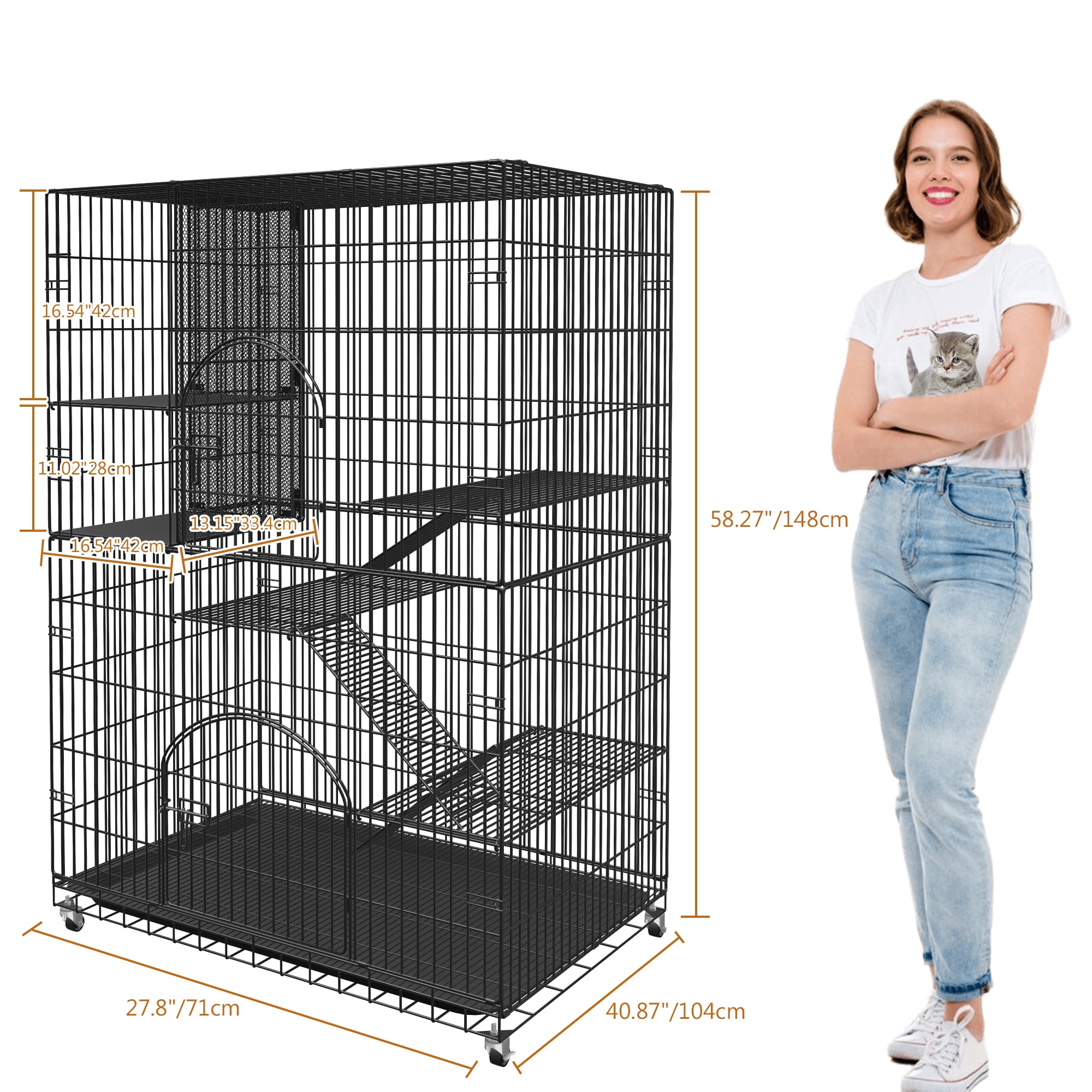 SQIREP Collapsible Cat Cage with Storage Cube Indoor Catio Cat Enclosures Metal Cat Playpen with Large Hammock for 1-4 Cats 4 Tiers Cat Kennel