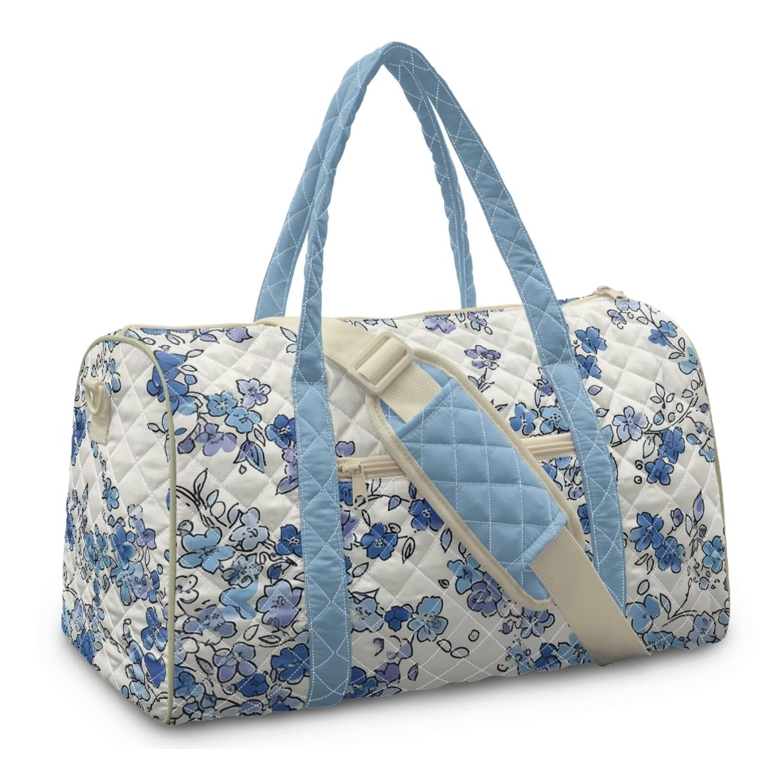 Garronmavis Blue Floral Large Quilted Duffle Bag for Women, Weekender Bag Carry On Travel Overnight Gym Dance Bag with Pockets, Lightweight Airline Approved Luggage Tote