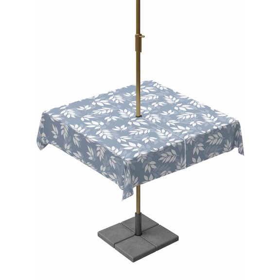 Light Blue White Leaves Outdoor Tablecloth with Umbrella Hole, Spring Pastoral Rustic Botanical Spillproof Waterproof Outdoor Table Cover, Patio Tablecloths for Party/Garden/Picnic, Square 54"x54"