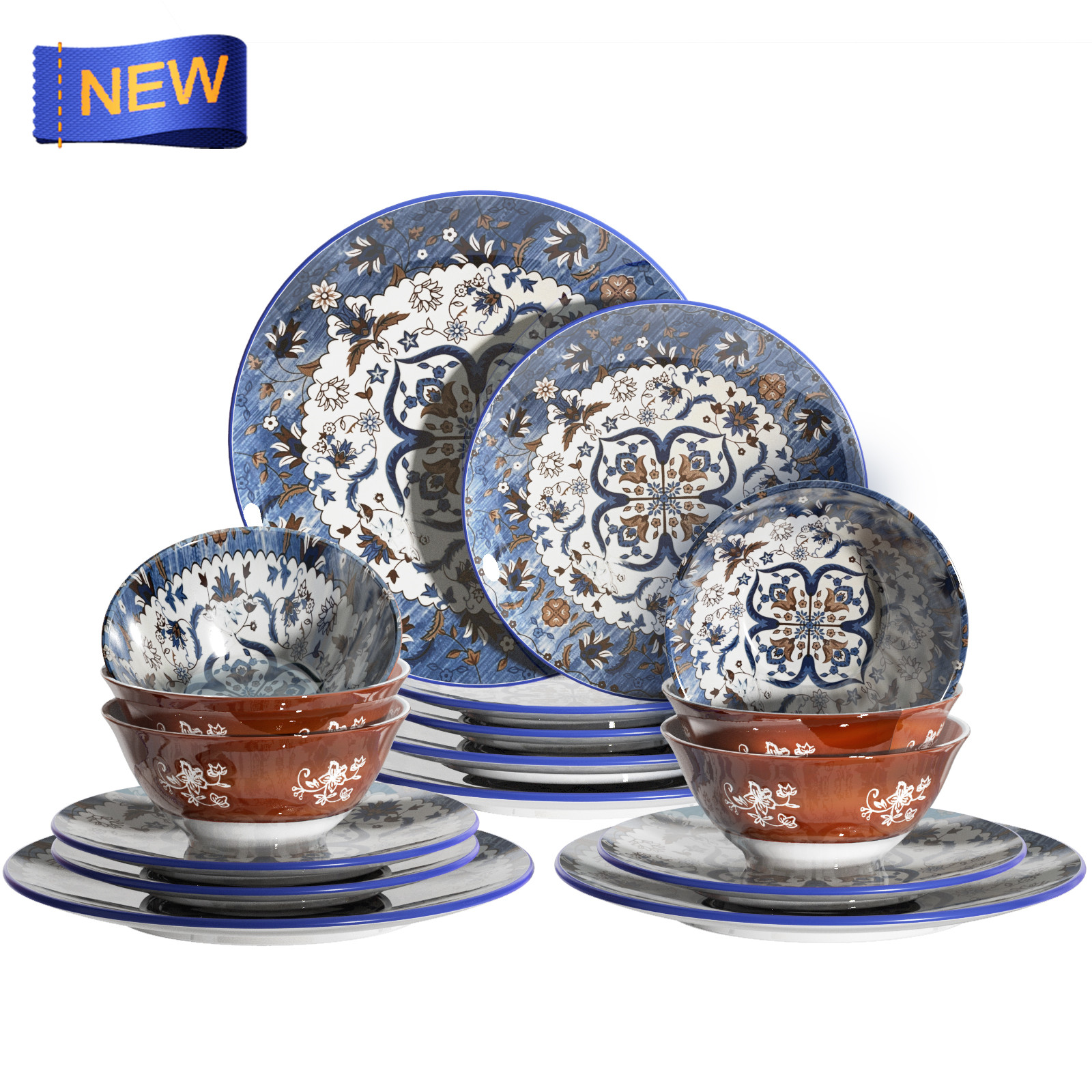 Dinnerware Set,18 PCS Dishes Sets, Plates, Bowls, Service for 6