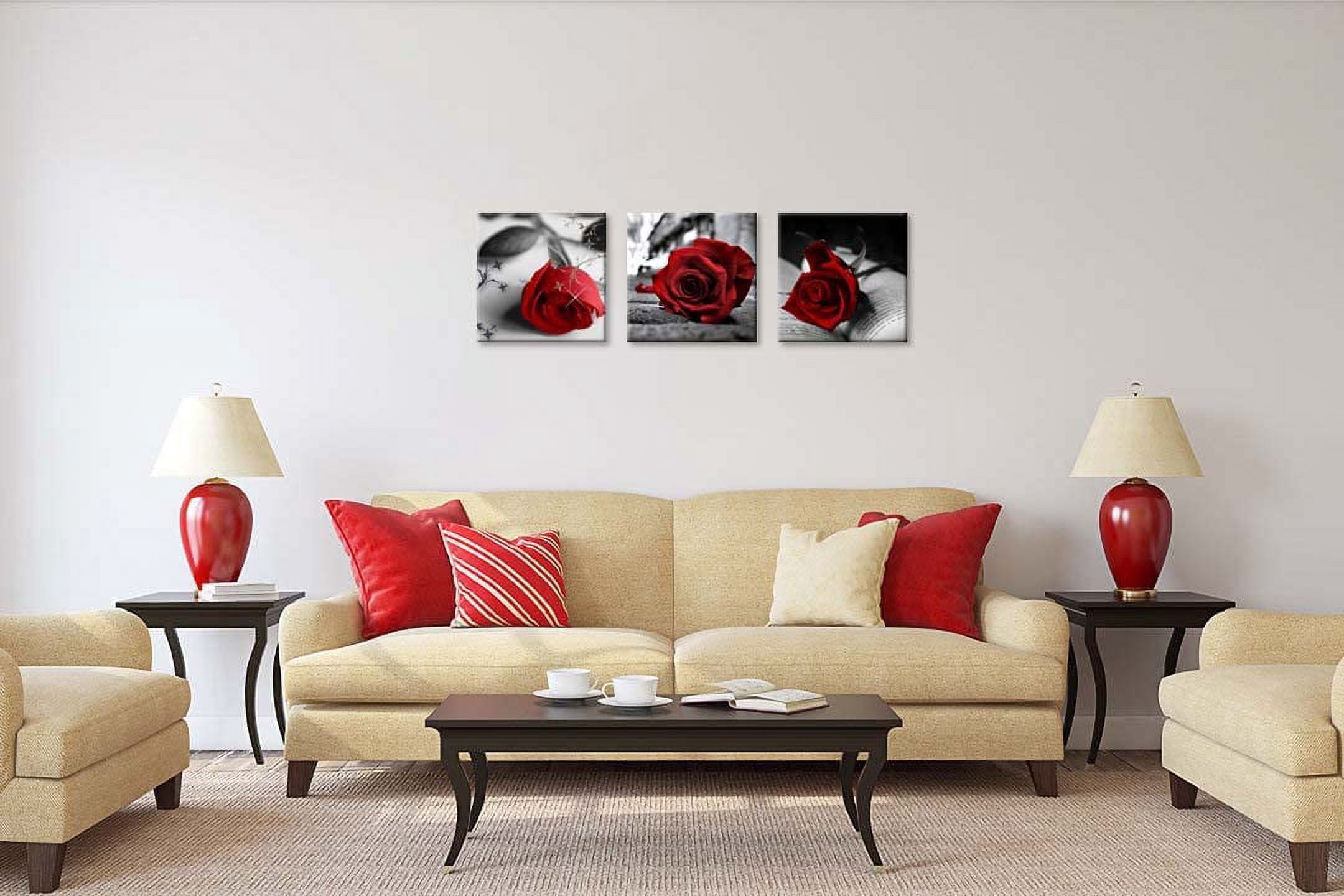 Canvas Print 3 Pcs Black and White Red Rose Canvas Art Painting Abstract Wall Art Decorations Flower Picture on Canvas for Home Decor Stretched and Framed (16X16inchX3pcs, A-Rose)
