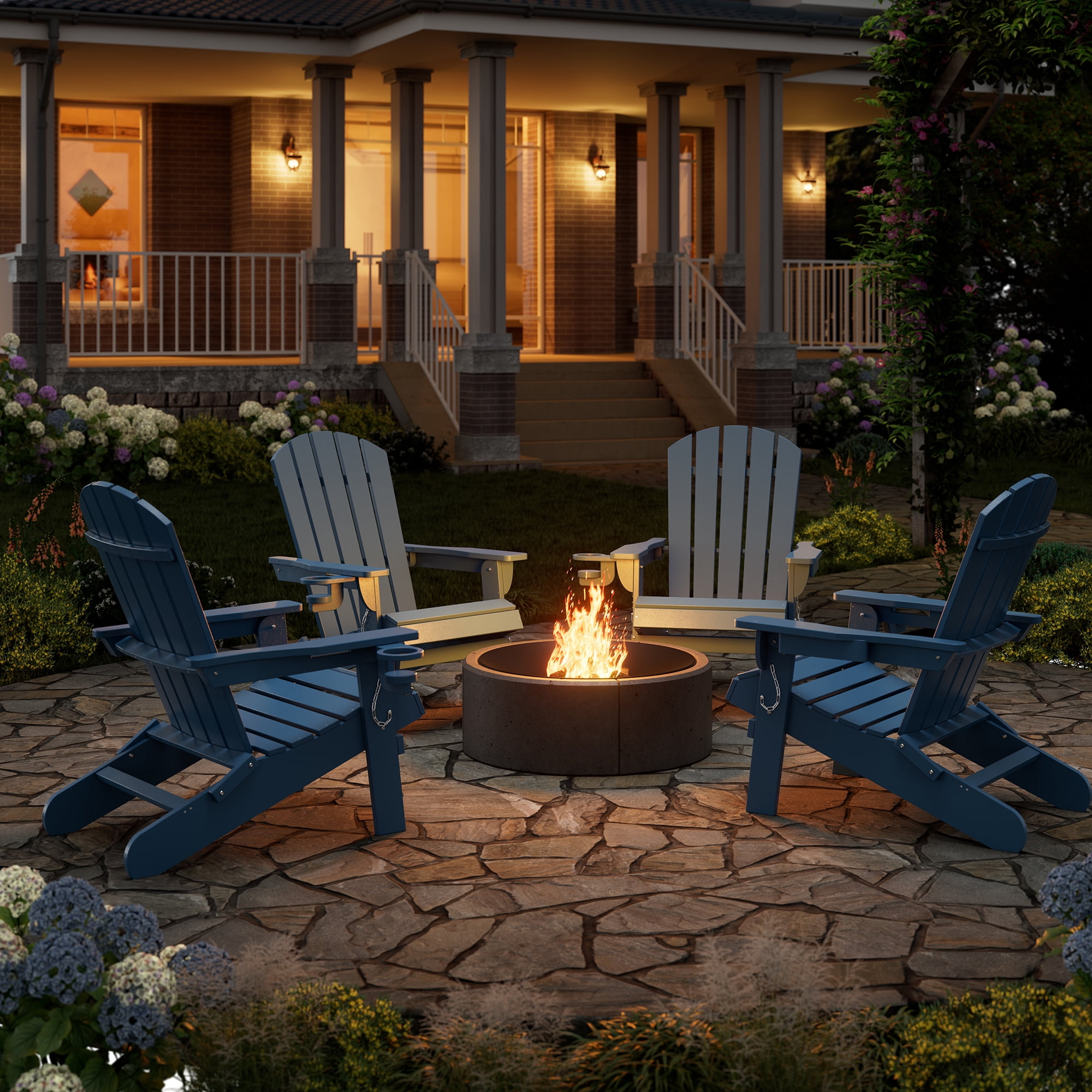 Walsunny Folding HDPE Adirondack Chair Set of 4,All-Weather Outdoor Fir Pit Chairs with Cup and Phone Holder for Outdoor Patio Garden Backyard,Blue
