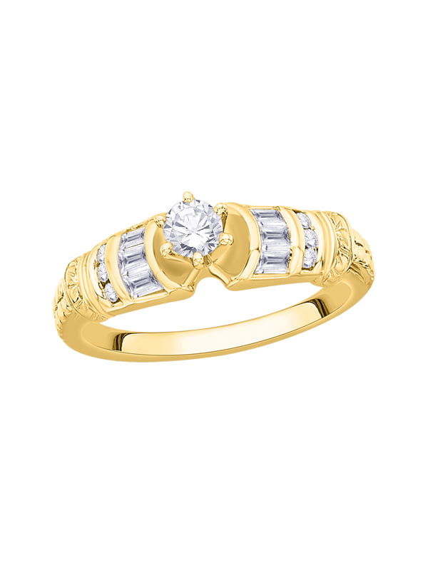 KATARINA Round and Baguette Cut Diamond Engagement Ring in 10K Yellow Gold  (1 cttw, I-J, I1-I2) (Size-10)