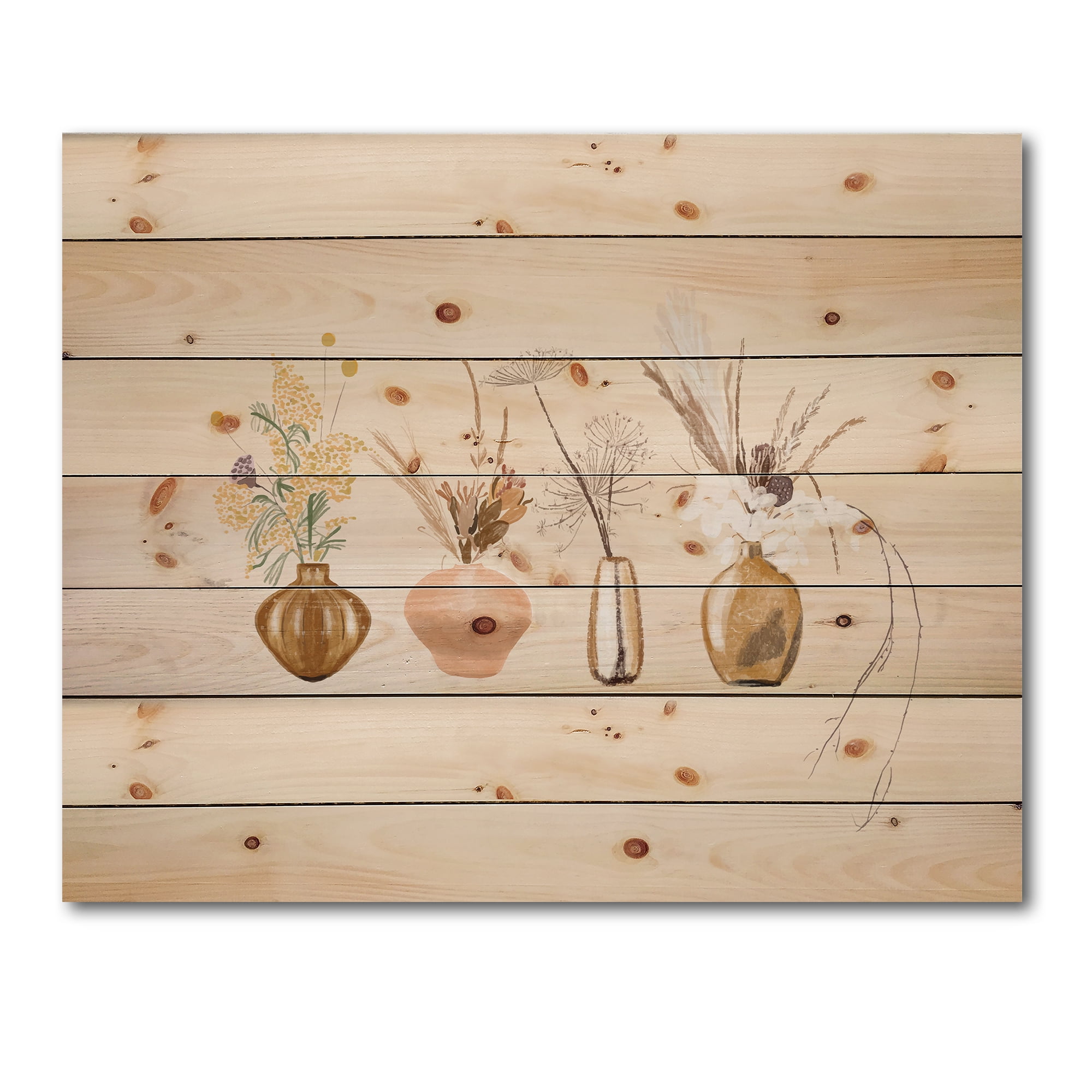 Designart 'Gold Vases With Bouquets Of Wildflowers II' Traditional Print on Natural Pine Wood