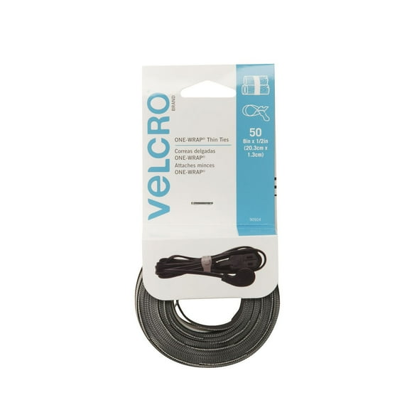 Velcro® One Wrap Reusable Thin Ties, 8" x 1/2" (20.3 cm x 1.3 cm) - 50 per pack, Black/Grey