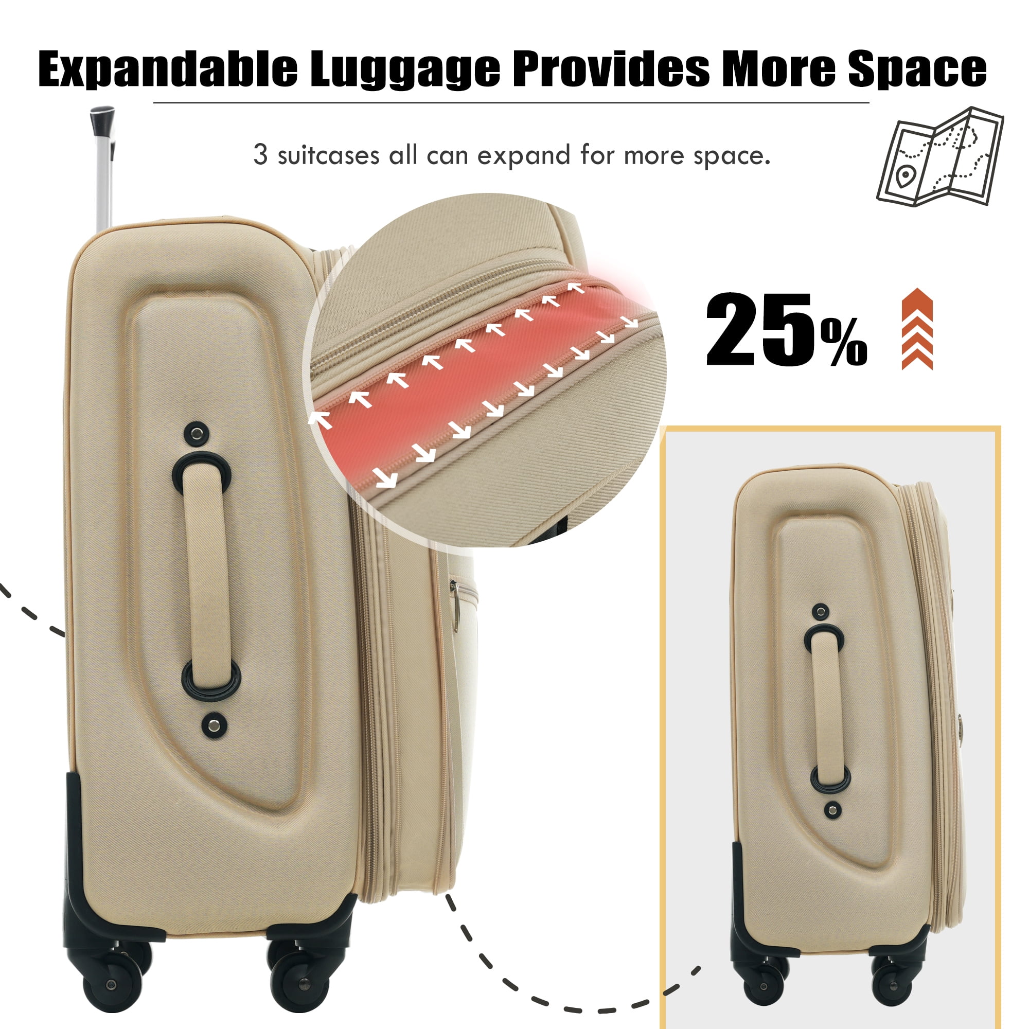 Euroco 5 Piece Softside Luggage Set,Expandable Suitcase Set with Duffel Bag,TSA Lock and Spinner Wheels,Lightweight Travel Suitcase for Men Women,Khaki